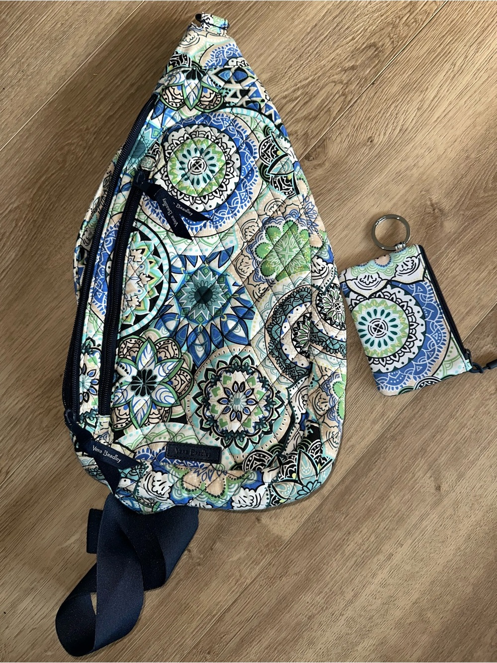 Vera Bradley Quilted Sling Bag in Blue, Green & Cream